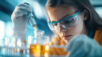 Diligent young professional in safety goggles and gloves conducts meticulous laboratory experiment, carefully pipetting yellow liquid for scientific research and medical development.