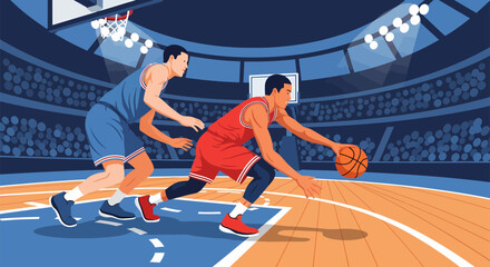 Basketball player dribbling the ball during a game.