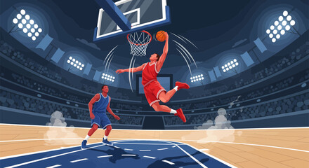 Basketball Player Performing a Slam Dunk in a Stadium. © Arie