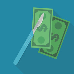 Surgical scalpel placed on dollar banknotes on a blue background with long shadow in flat design style