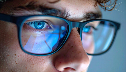 Focus and Vision: Close-up of focused, intelligent eyes peering through stylish glasses, conveying a sense of concentration and clear vision.