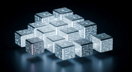 High-Tech Data Storage Units Stacked Cube Servers Digital Information Processing with Glowing Circuits on Dark Background