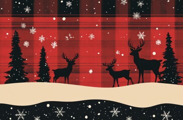 Festive winter scene with deer silhouettes among pine trees on a rustic red plaid backdrop, accented by gentle 