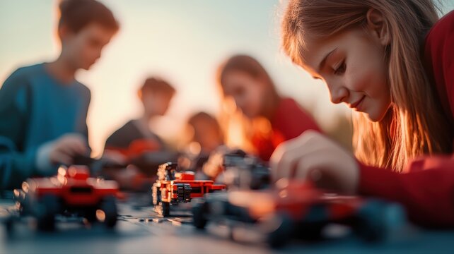 Focused children enthusiastically building intricate toy cars and construction blocks together, fostering creative development, learning, and happiness during warm golden evening play session. - Powered by Adobe