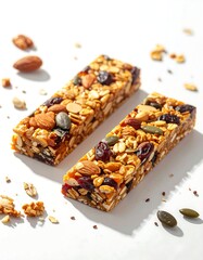 Two cereal bars, composed of seeds, nuts, and dried fruit, rest on a white surface, lit brightly