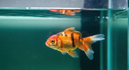 Orange goldfish with dark bands swims in clear water of tank
