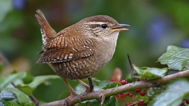 A small, delicate bird, adorned with intricate patterns of brown and beige speckled plumage, is captured in a serene moment, peacefully perched on a slender tree branch. Surrounded by lush green folia