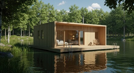 Modern Scandinavian Floating Cabin: A Serene Wooden Retreat on a Sunlit Forest Lake