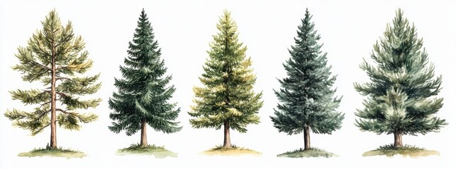 Obraz premium A artistic illustration of five diverse pine trees showcasing various shapes and colors, highlighting nature's beauty. 