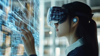 Woman using virtual reality headset interacting with futuristic digital interface in modern workspace
