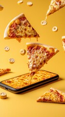 Creative Pizza Slices and Smartphone Concept on Yellow Background
