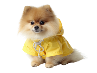 Cute small dog wearing yellow raincoat sitting and looking forward with bright eyes and fluffy fur