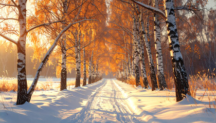 Golden Sunset Winter Birches Road: Majestic Snowy Forest Path, Ideal for Nature, Travel & Holiday Content.