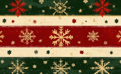 Festive Christmas seamless pattern with vintage snowflakes and stars on a deep red and green background, evoking holiday cheer and winter warmth