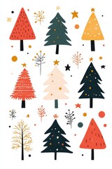 Fototapeta premium A festive collection of Christmas trees in a flat design, featuring different tree styles and colors, decorated with stars and simple ornaments, capturing the joyful spirit of the holiday season.