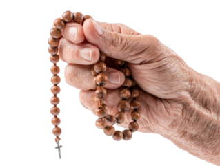 Elderly hand holding wooden rosary beads with cross, symbolizing faith and devotion in peaceful moment