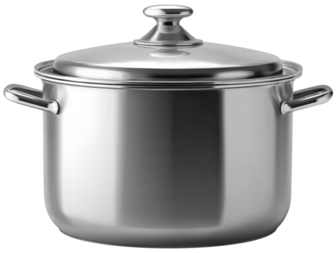 Stainless steel cooking pot with lid and handles, shiny kitchenware for boiling and simmering food with polished finish