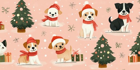 Fototapeta premium Adorable Christmas pattern featuring cute dogs with festive accessories and decorations
