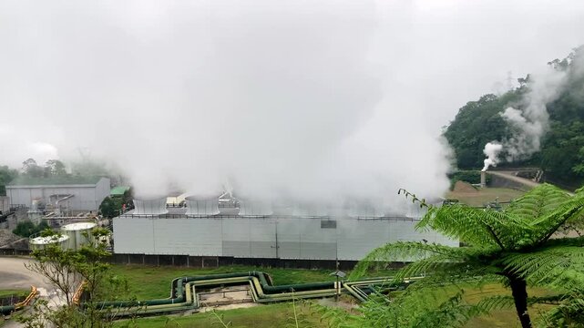 High in the mountains, a geothermal plant for the generation of renewable electricity that is environmentally friendly for nature
