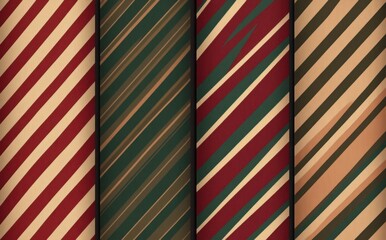 Fototapeta premium Four different seamless patterns of diagonal stripes in festive red, green, and gold tones, perfect for wrapping paper design, holiday decorations, and creative seasonal backgrounds.