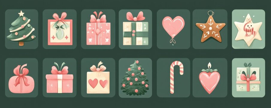 Festive Christmas icons collection featuring gifts, gingerbread, stars, and candles in a soft color palette, perfect for holiday-themed designs and seasonal decorations