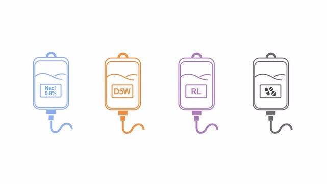 Animated IV Fluid Types Icon Set - Saline, Dextrose, Ringer's Lactate with Alpha Channel
