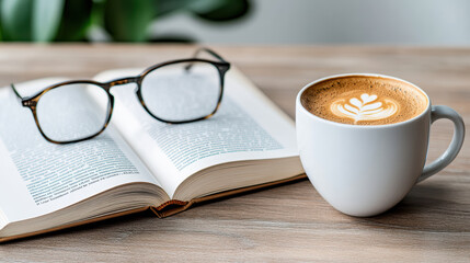 Cup of coffee beside open book and glasses on wooden table creates cozy atmosphere