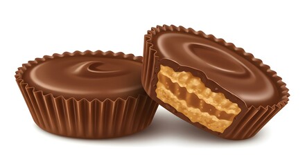 Two chocolate cups, one bitten, revealing the filling of layered wafer and peanut butter
