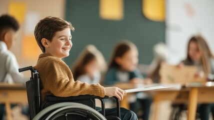 Smiling young boy in wheelchair joyfully engages in diverse and inclusive classroom learning environment, highlighting accessible education and positive student development.