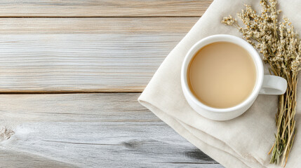 Obraz premium Cup of herbal tea rests on linen cloth beside dried flowers, creating calming atmosphere