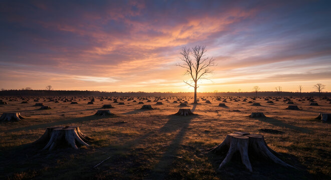 The last surviving tree in a vast, clear-cut forest at sunset, a poignant symbol of deforestation and environmental loss