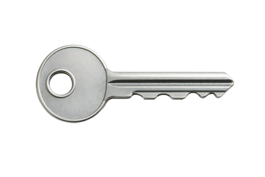 Silver metallic key isolated on black background representing security concept access unlock protection safety metal object minimal style household equipment tool design imag