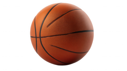 A close up shot of an orange basketball with black lines  in a studio setting on transparent background