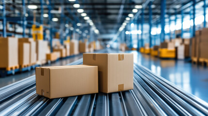 Boxes on conveyor belt in warehouse, showcasing efficient logistics and storage solutions