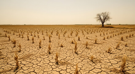 Cracked earth, withered crops, lone tree a parched landscape scene