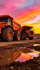 Obraz premium Two large orange mining trucks on muddy ground under vibrant sunrise or sunset sky. 