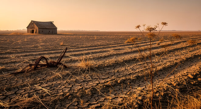 Weathered barn and forgotten plow on cracked, arid land under a golden sunset glow