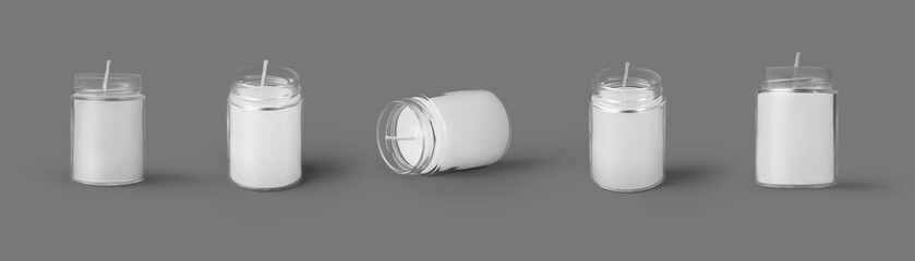 Mockup of transparent glass jar with white wax candle, place for logo, branding, design. Decor set.