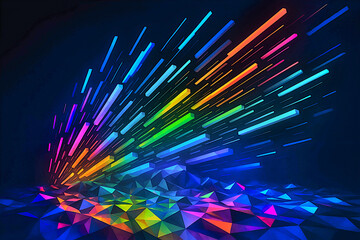 Rainbow Light Abstract Motion Lines in Low Polygon with Crystal Floor, Dark atmosphere