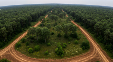 Aerial view of a dense forest with branching dirt paths creating a natural fork in the landscape