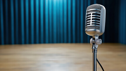 Vintage microphone stands on stage, ready for performance in vibrant setting