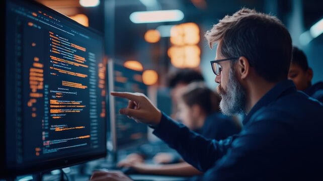 Experienced developer explaining code on computer screen, highlighting software programming and technology innovation in modern digital environment
