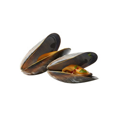 Cooked Mussels in Open Shells Isolated on White Background with Garnish: Fresh Seafood Ready to Eat.