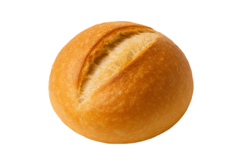 Freshly baked round bread roll with golden crust isolated on white background showing soft texture bakery food item perfect for breakfast sandwich or restaurant menu photography