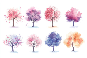 Obraz premium A set of cute watercolor tree clip art, simple design, on a white background with margin