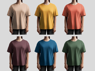 Mockup of bright oversized t-shirts on a girl in gray jeans, close-up, front view, isolated on...