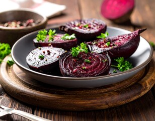 Roasted beet halves, seasoned with herbs and pepper, arranged on a grey plate atop a rustic wooden board
