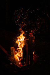 A vertical, high-contrast shot of a blazing bonfire erupting with intense orange flames and bright...