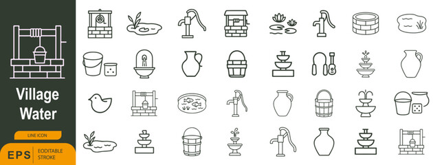Village Water Icon Set – 36 Line Style Symbols for Rural Water Systems, Traditional Vessels, and Community Access