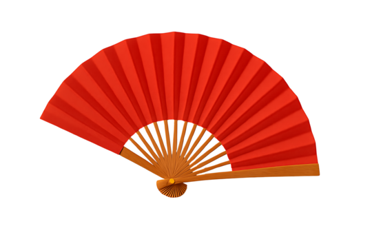 Traditional red hand fan folded paper accessory isolated on black background asian culture design object summer cooling tool concept for elegance handheld decoration